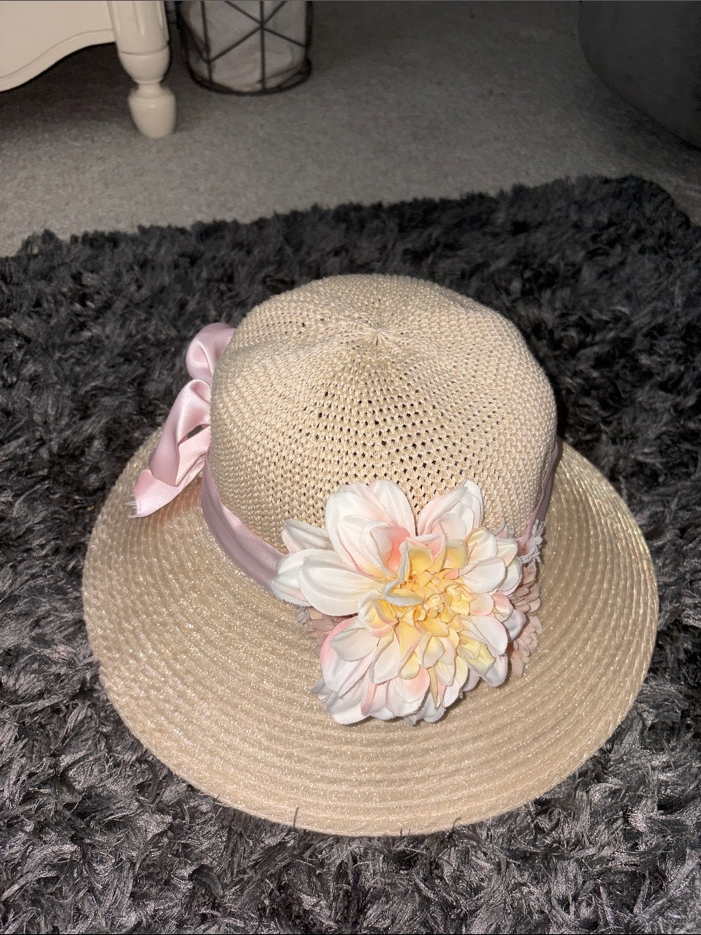 Straw Sun Hat with Pink Ribbon & Floral Accent